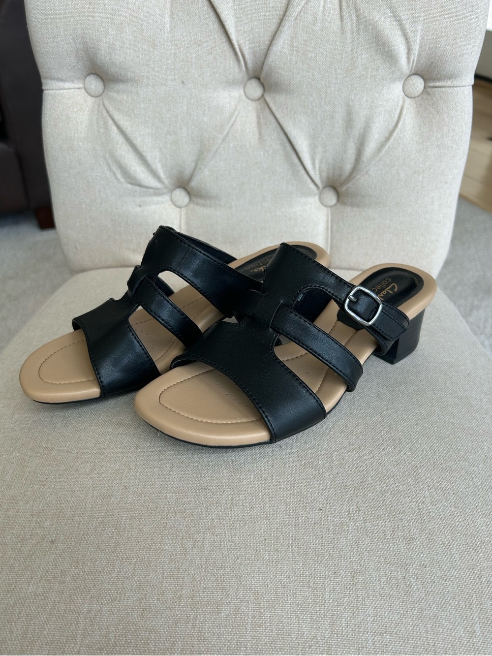 Clarks Black Leather Strappy Low Heel Sandals